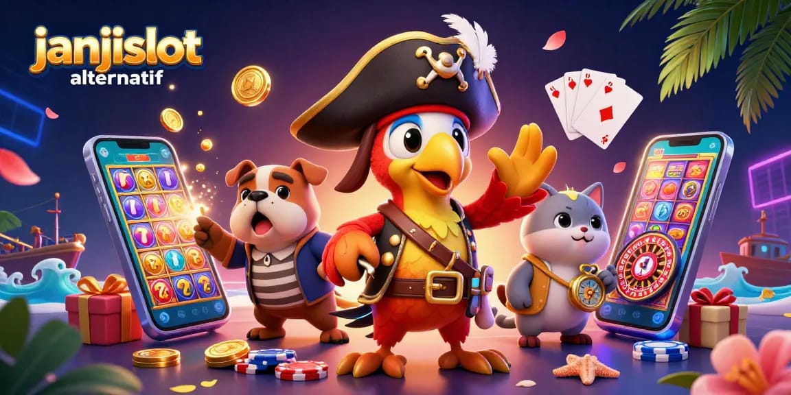 Play exciting slot games visually portrayed through janjislot alternatif in this vibrant 3D illustration with characters and game elements.