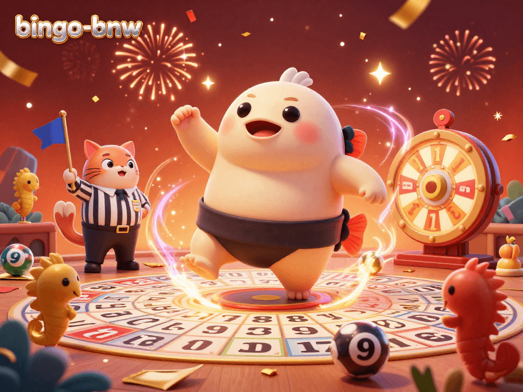 Experience the thrill of bingo-bnw with a playful underwater scene featuring a puffed-up blowfish, lively referees, and exciting bingo elements.