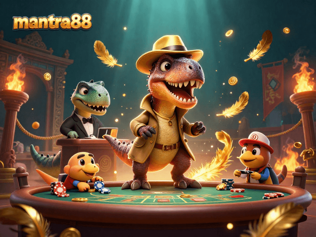 Engage with mantra88 in a thrilling casino scene featuring a cartoon velociraptor at the blackjack table.