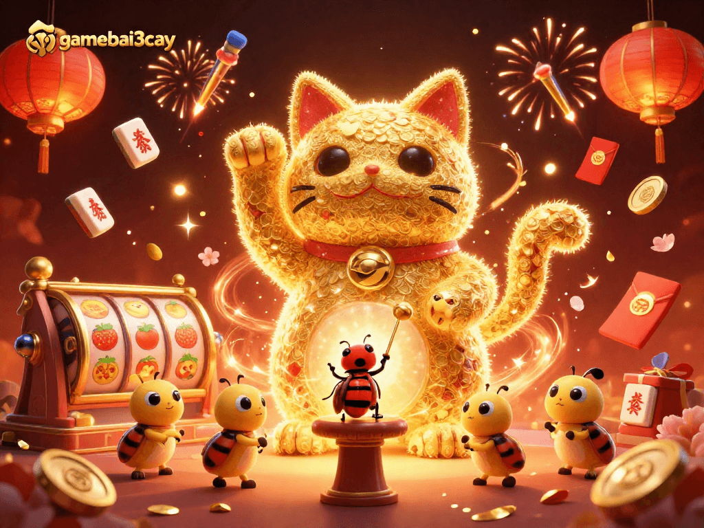 Engage with gamebai3cay's lively lucky cat scene filled with vibrant casino symbols and festive elements.