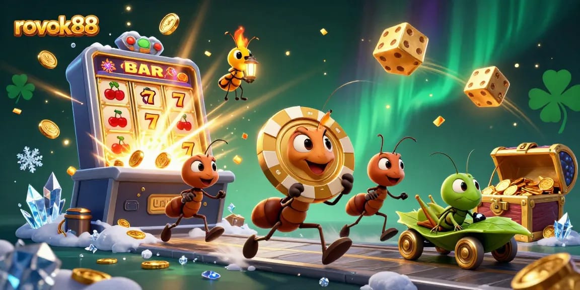 Experience the thrill at rokok88 with ants heisting a giant poker chip amid casino chaos.