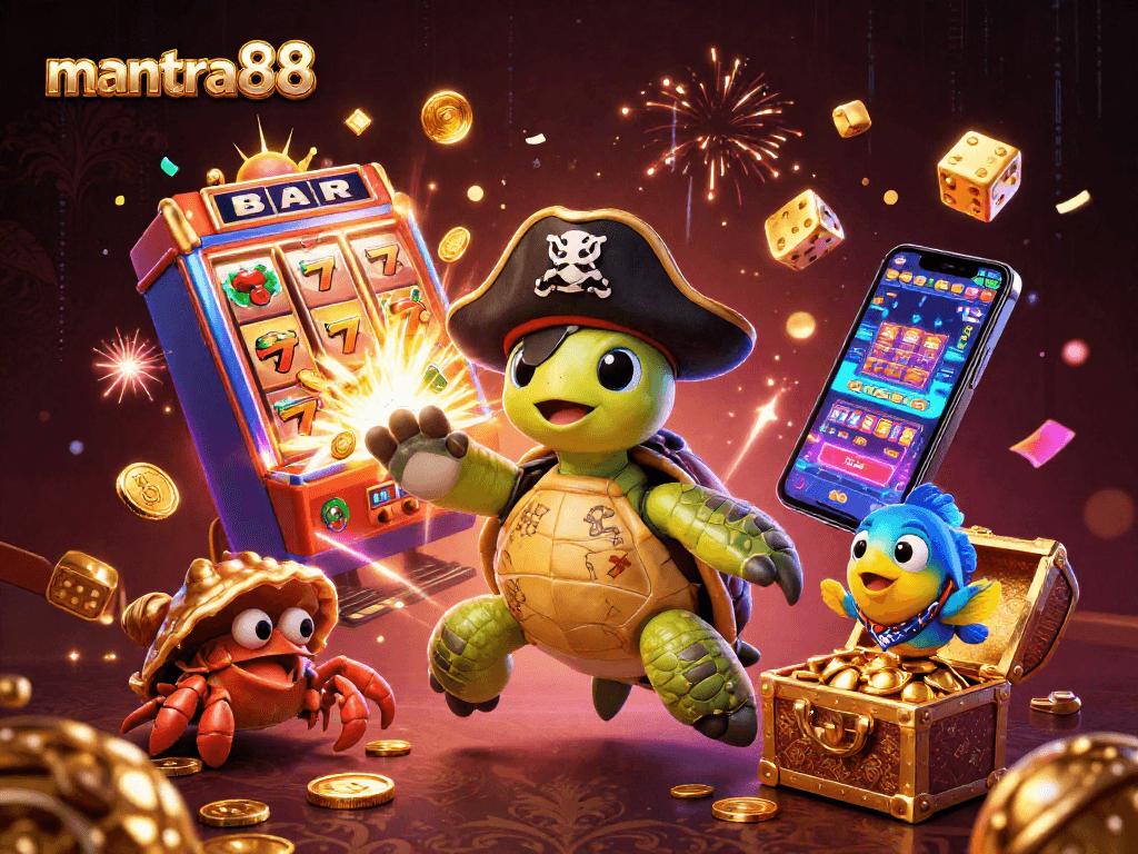 Engage with mantra88 games as a pirate turtle discovers treasures surrounded by vibrant casino elements.