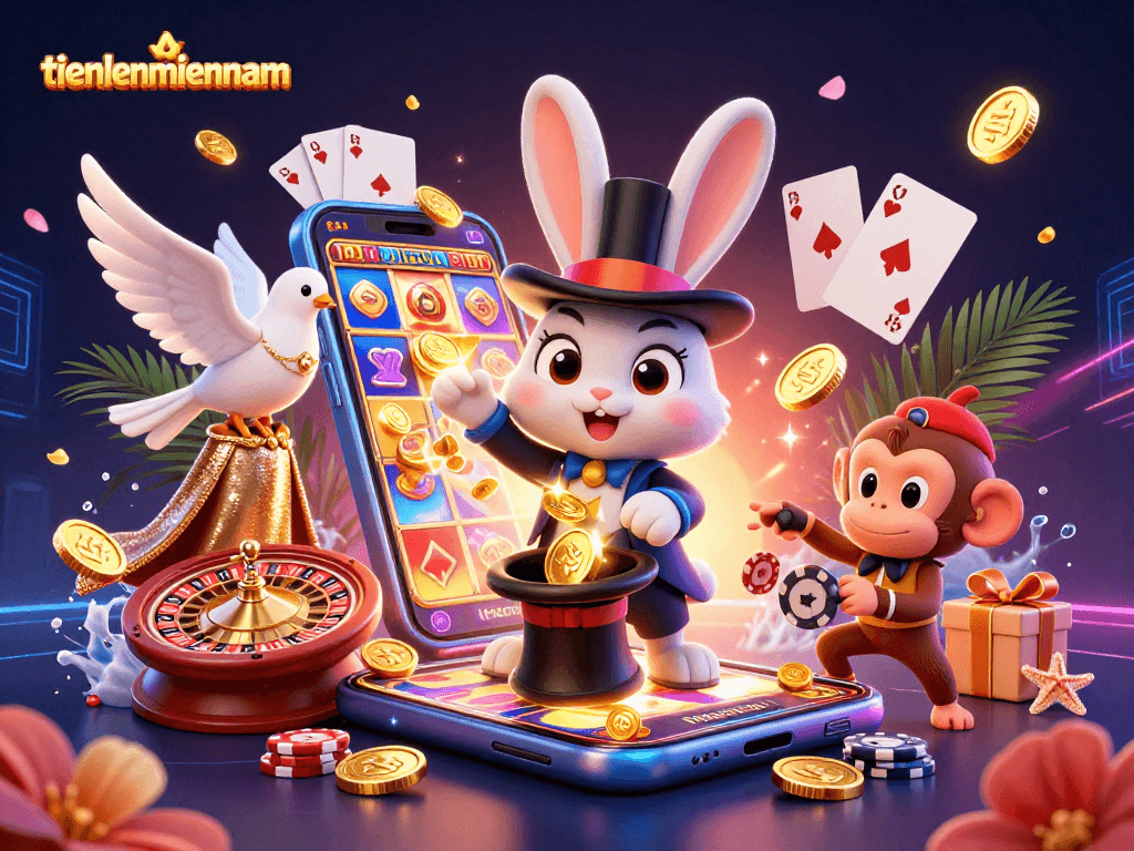 Watch the magician rabbit gaining fortune with the thrilling gameplay of tienlenmiennam in this vibrant 3D illustration.
