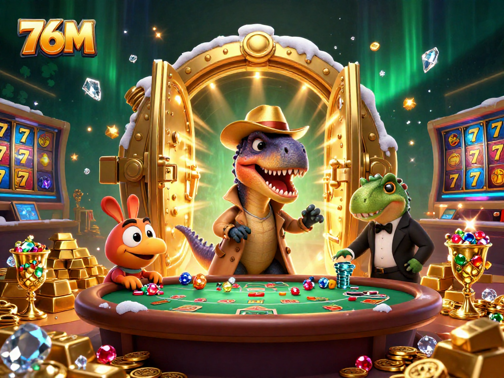 Os dinossauros jogando no cassino 76M, mostrando a interação e emoção do jogo.