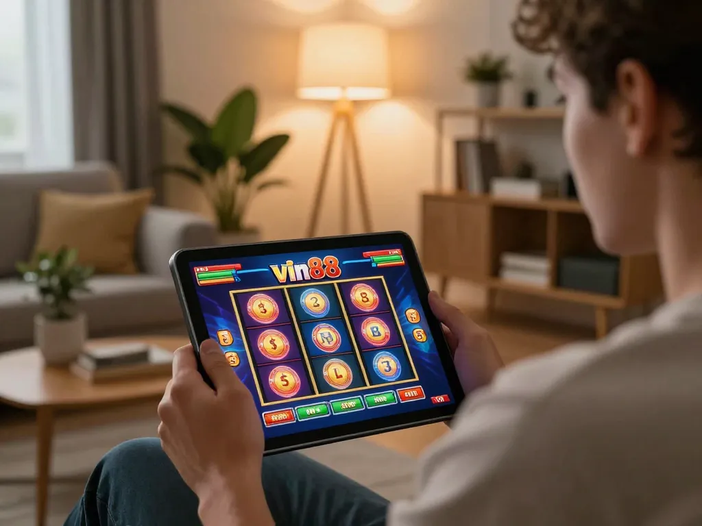 vin88 player enjoying immersive casino games on a tablet in a cozy home setting
