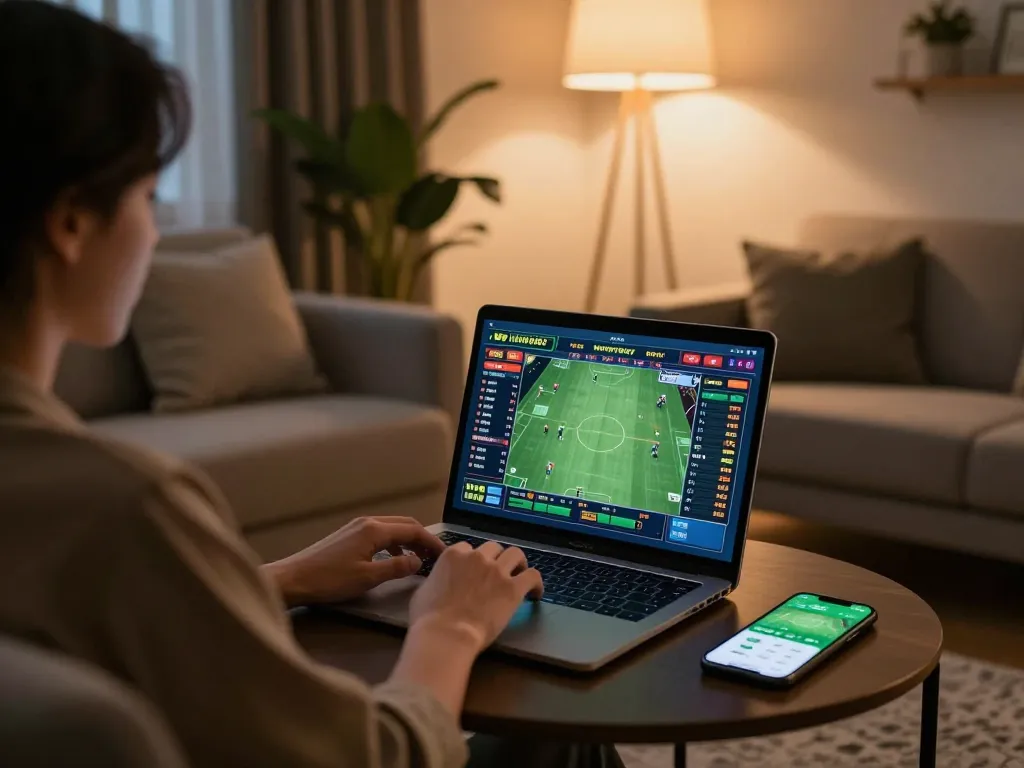 Engaging in online sports betting at the best widget store from a cozy living room.