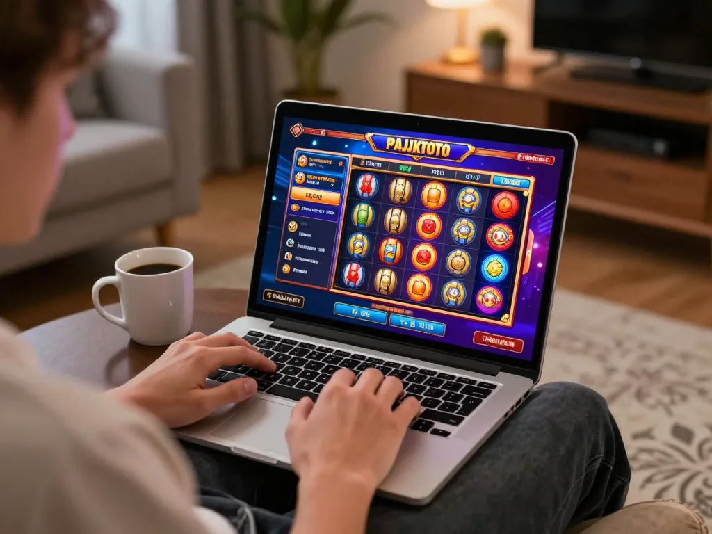 Player engaging in pajaktoto login to enjoy a lively online casino experience on their laptop.