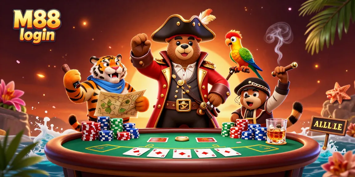 M88 login to a vibrant scene featuring a pirate bear and tiger navigating a colorful poker table.