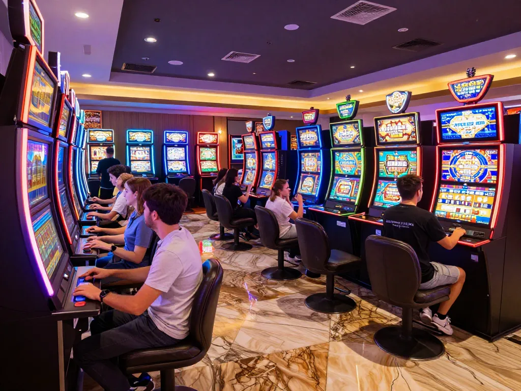 Players engaging with colorful slot77 machines in a lively casino atmosphere.