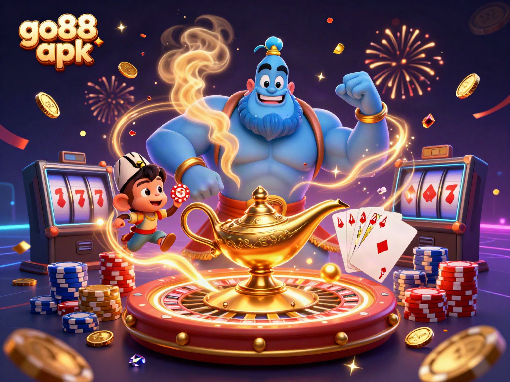Experience the magic of go88 apk in a vibrant casino-themed illustration with a genie, treasure, and festive elements.