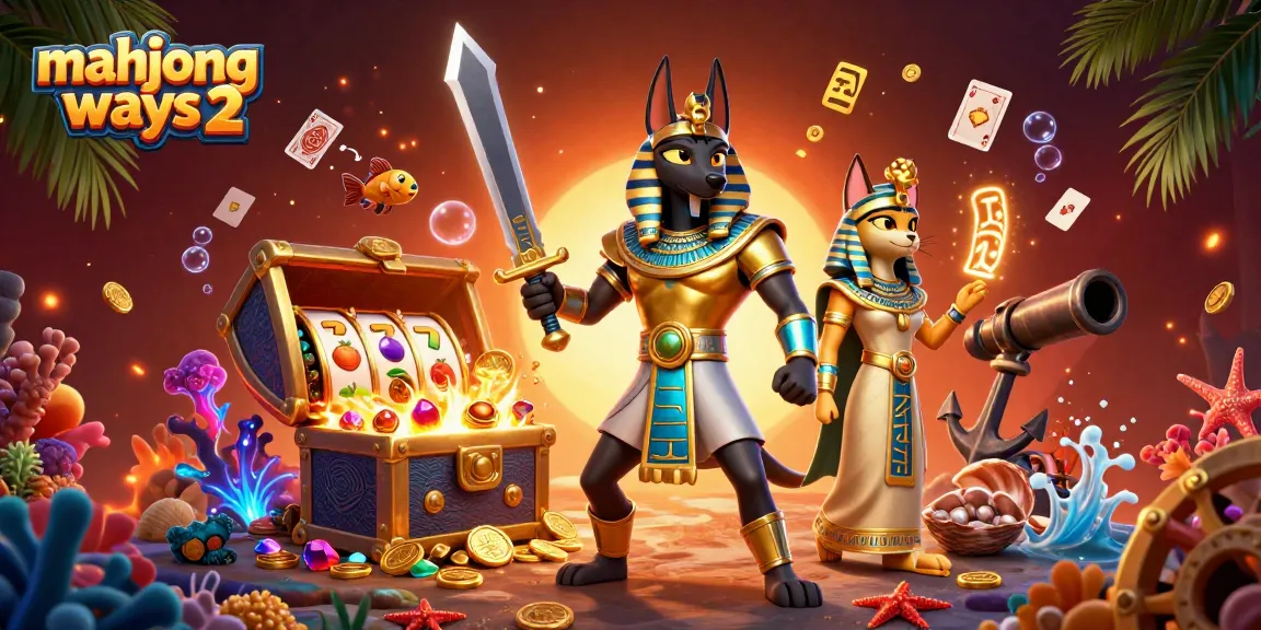 Spin the reels of mahjong ways 2 in this vibrant casino-themed illustration filled with treasures.
