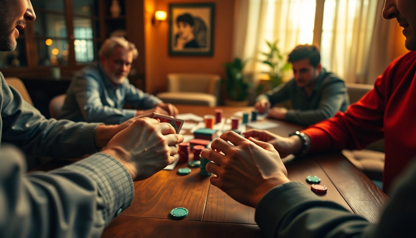 Engaged players enjoying yono rummy at a colorful card table in a cozy setting.