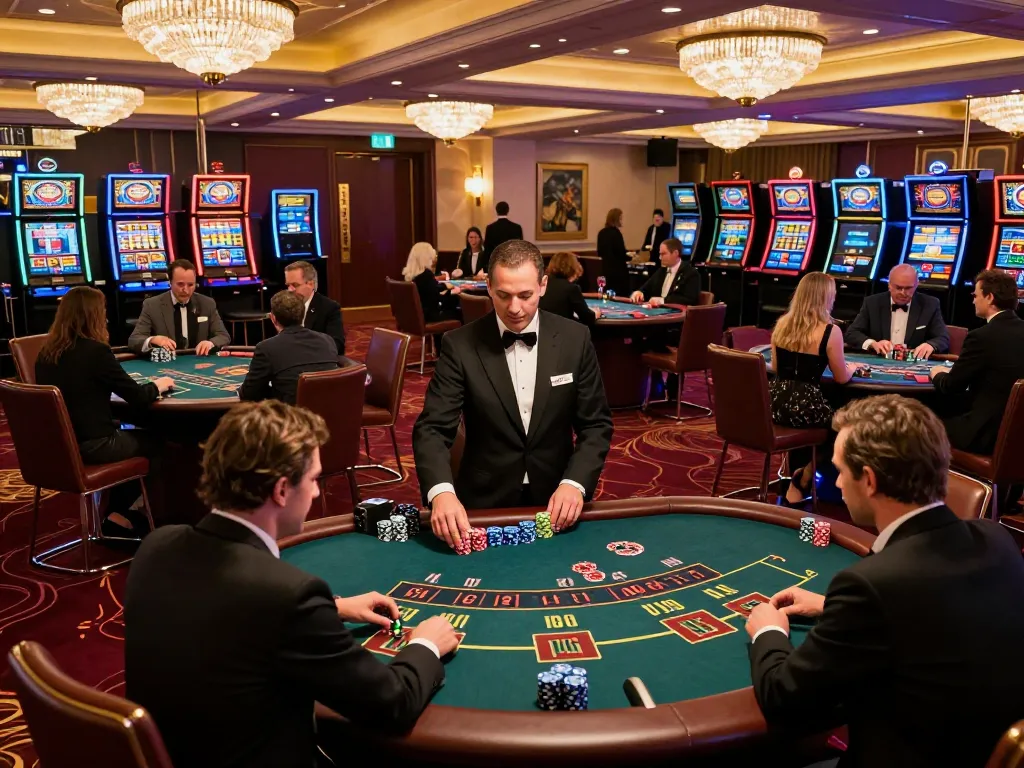 Players strategize in an upscale casino using superjp for better odds during blackjack.