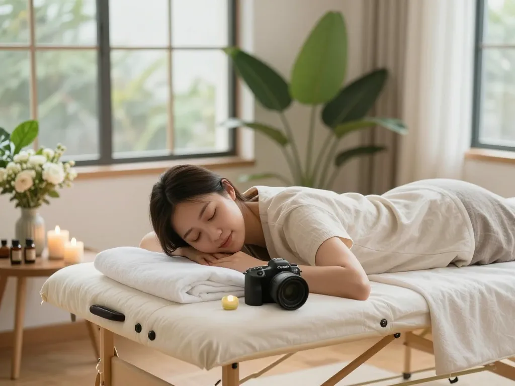 Relaxing 출장안마 session at home with a tranquil atmosphere and essential oils.