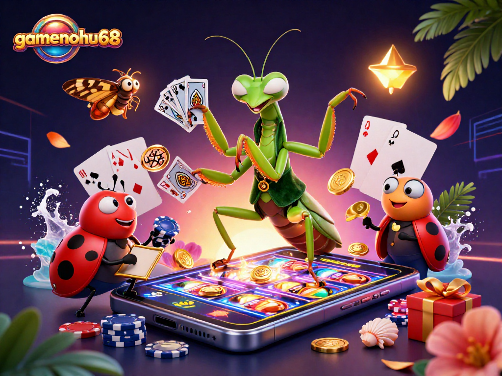 Experience gamenohu68 as a giant praying mantis deals cards and pours champagne in a vibrant casino scene.