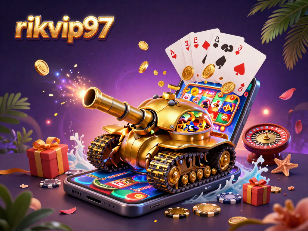 Experience the excitement of rikvip97 with a golden beetle tank showcasing a miniature casino.