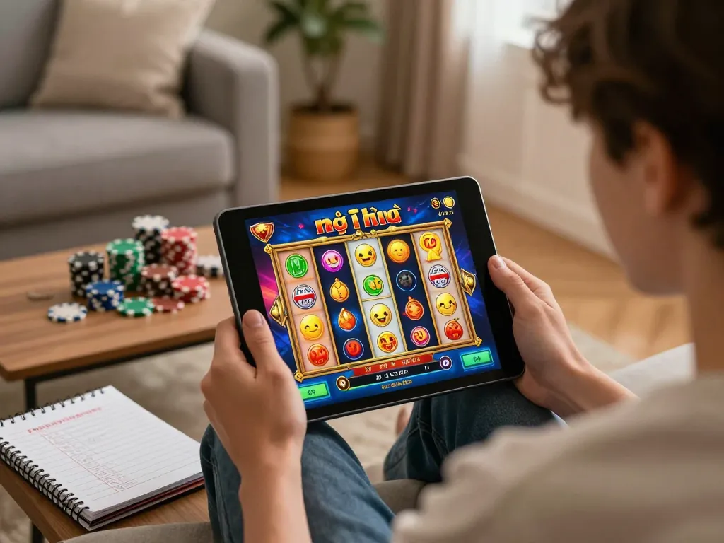 Engaged player enjoying nổ hũ game on tablet with vibrant reels and strategies at hand.