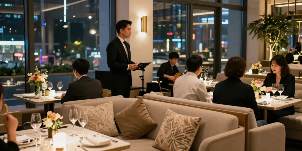 강남타이밍에서 화려한 분위기의 라운지에서 휴식을 취하는 손님들