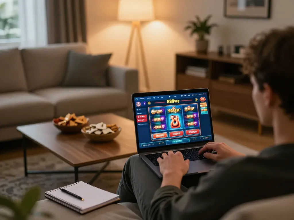 Engaging in online gaming with 888top on a laptop in a cozy living room setting