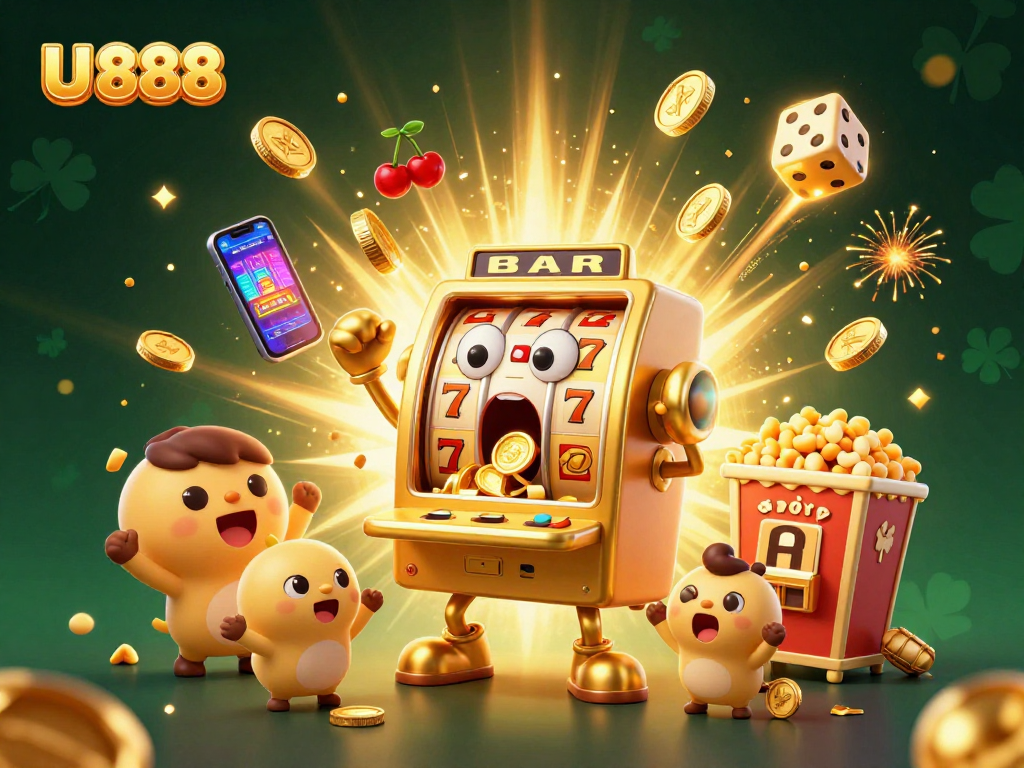 U 888 brings thrilling slot machine action with jackpots, coins, and excited cartoon characters!