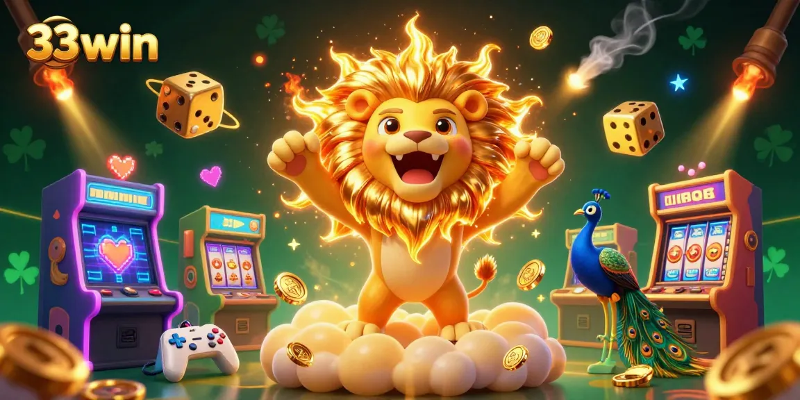 Experience the thrill of 33win with a roaring sun lion and golden dice dancing through a vibrant casino world.