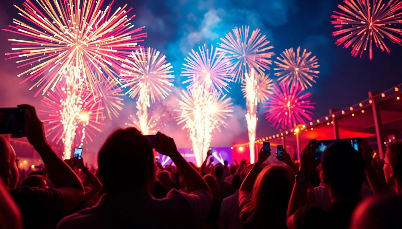 Buy fireworks Manchester with vibrant fireworks illuminating a festive crowd at an outdoor event.