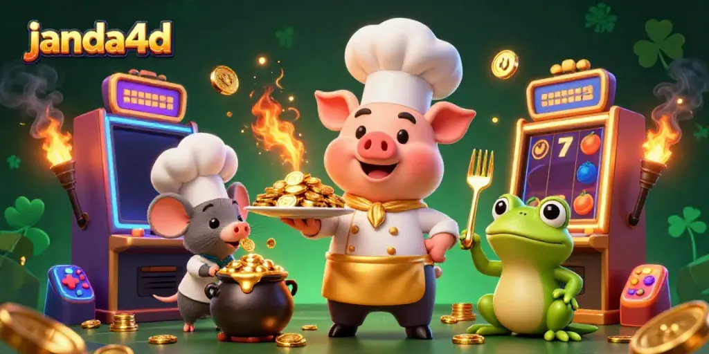 Gali kesenangan judi dengan janda4d sambil menikmati permainan slot dengan emas dan karakter lucu.