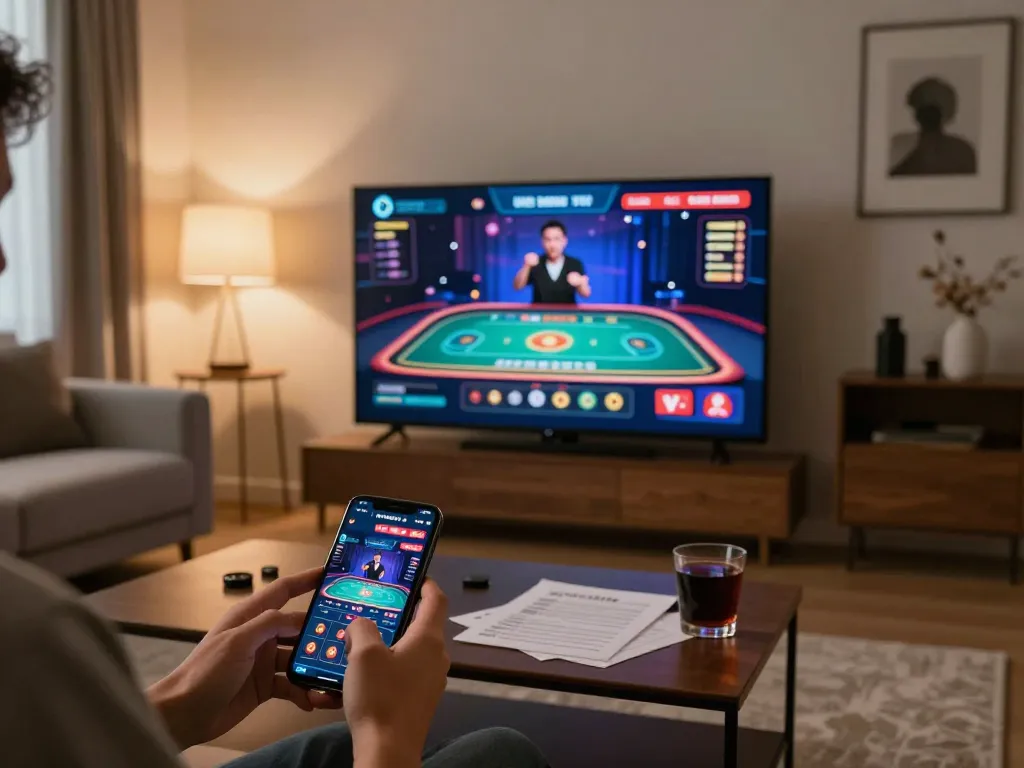 kim99 player enjoying a winning moment on their smartphone in a modern living room