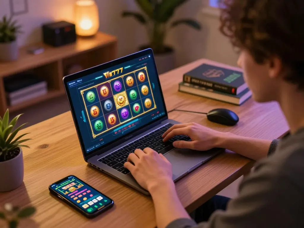 Engaging online gameplay with slot777 interface on laptop, showcasing a cozy gaming environment.