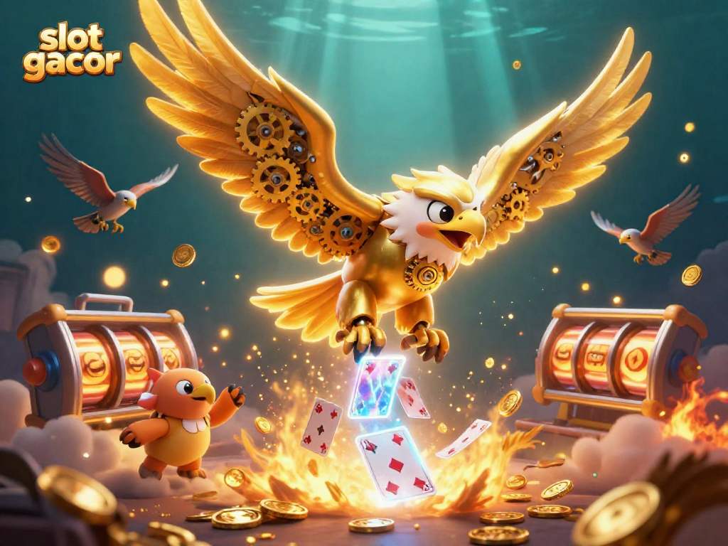 Engage in slot gacor excitement with golden eagle diving through playing cards in a vibrant casino scene.
