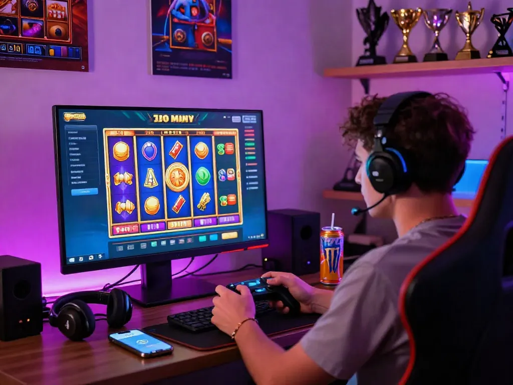 Engaged player enjoying a slot game on desktop, surrounded by gaming gear and vibrant atmosphere.