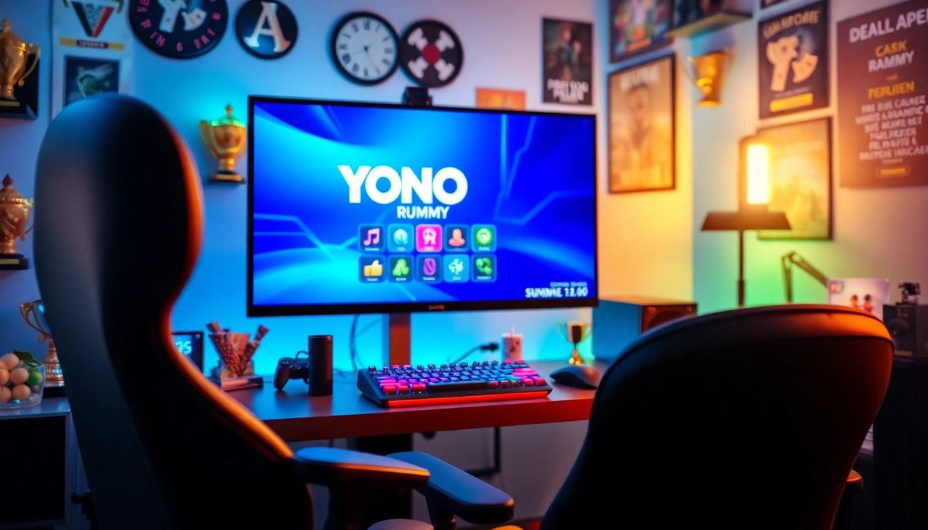 Engaged player enjoying yono rummy on a vibrant gaming setup with vivid colors and sleek design.