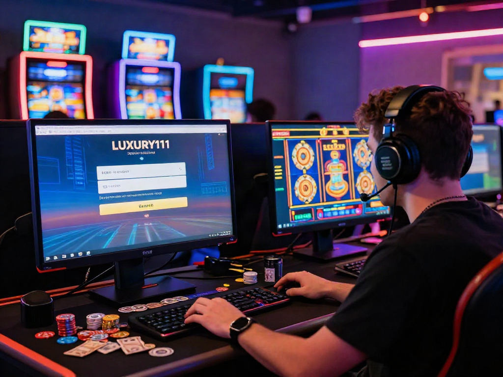 Login LUXURY111 di layar dengan suasana kasino online yang menarik dan berwarna-warni.