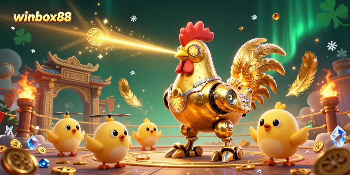 Engage in thrilling wins with winbox88 featuring a golden rooster robot and dynamic casino elements.