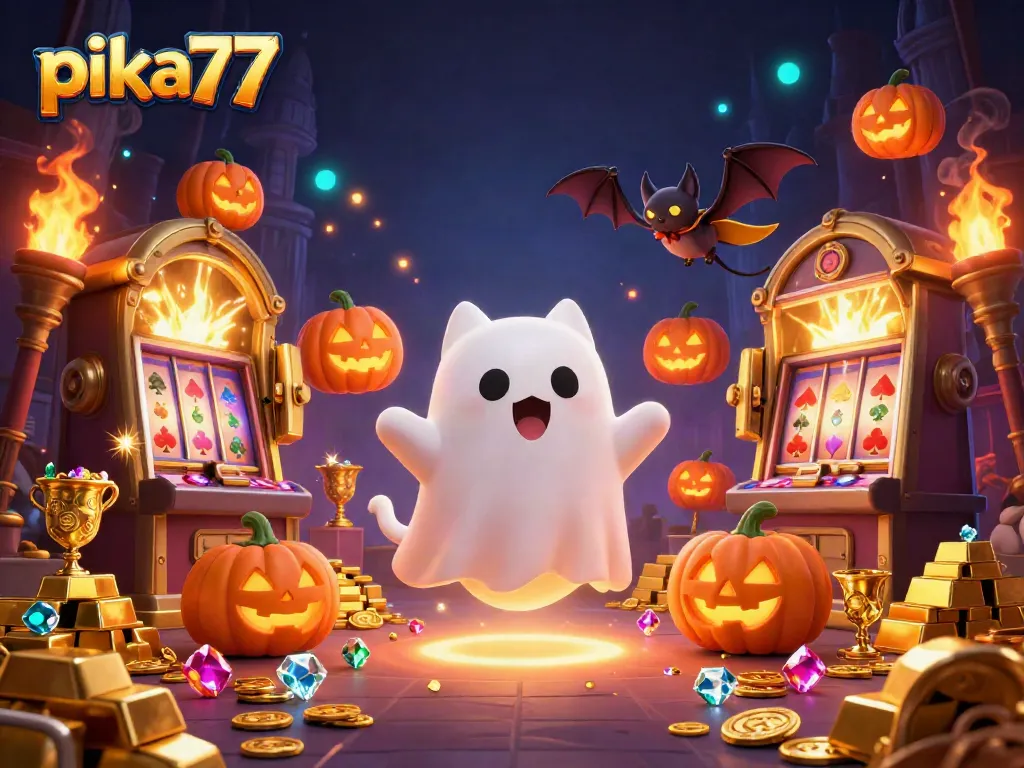 Experience the magic of pika77 with a playful ghost cat and bat in a vibrant casino