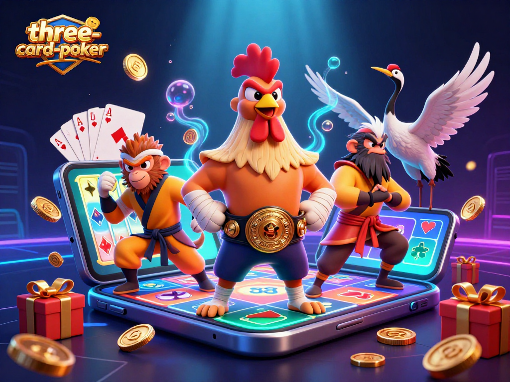 Engage in thrilling three-card-poker action with vibrant casino elements and animated characters.