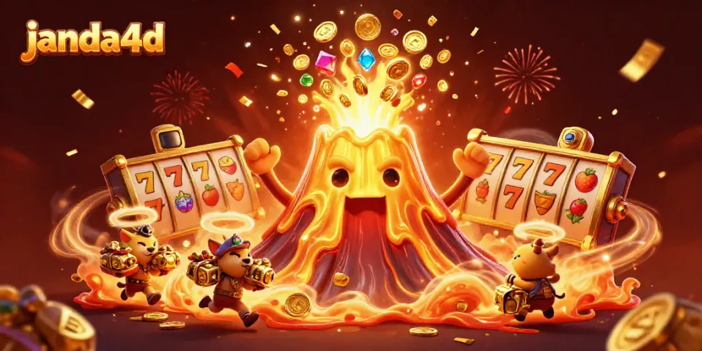 Ilustrasi 3D janda4d menampilkan gunung berapi emas dan simbol slot berjaya dengan koin mengalir