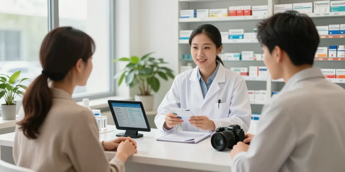Tadalafil consultation with a pharmacist discussing erectile dysfunction solutions, bright pharmacy.