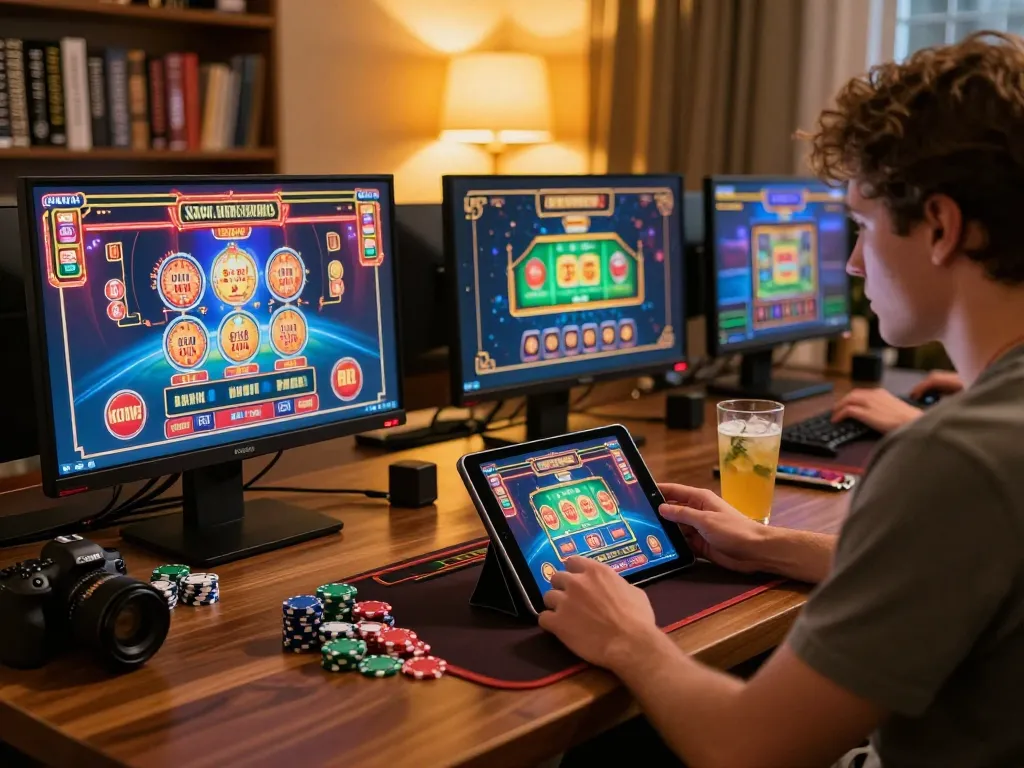 Engage in situs slot gaming with multiple screens displaying vibrant casino games in a cozy home setup.