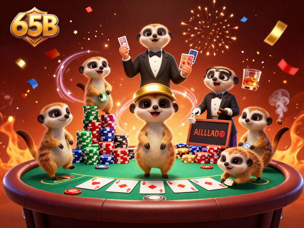 Meerkats em operação de cassino, apostando no 65B com fichas e cartas ao redor.