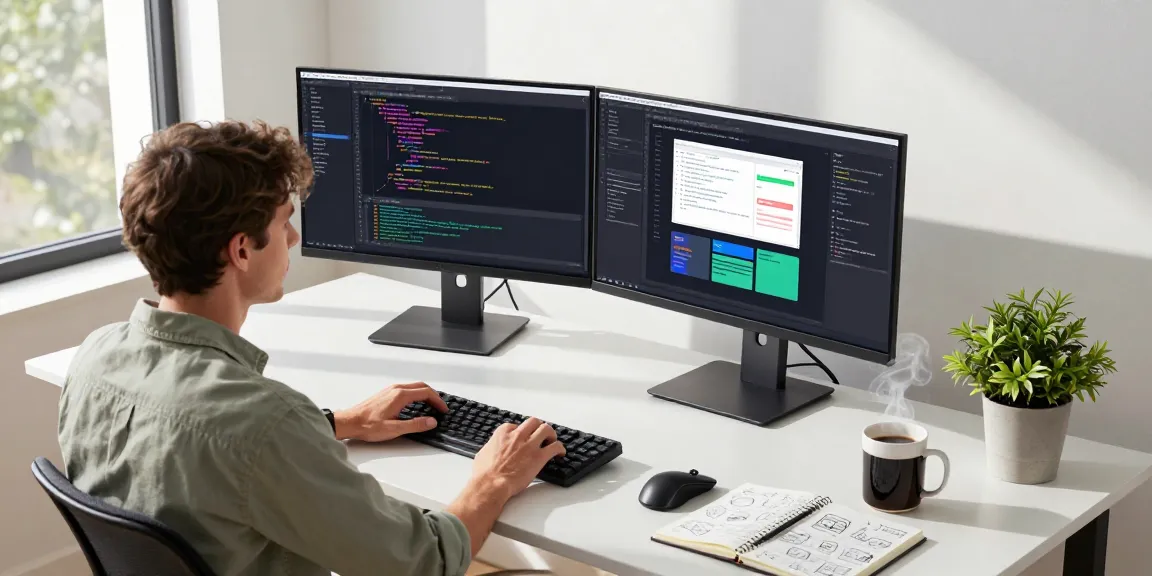 Developer using 截图工具 on dual monitors in a modern workspace, surrounded by tech tools and coffee.