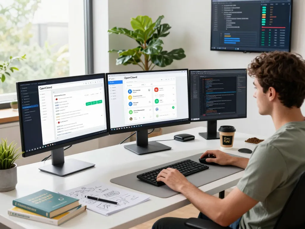 OpenClawd AI assistant deployment in a modern workspace with software developer using multiple screens.