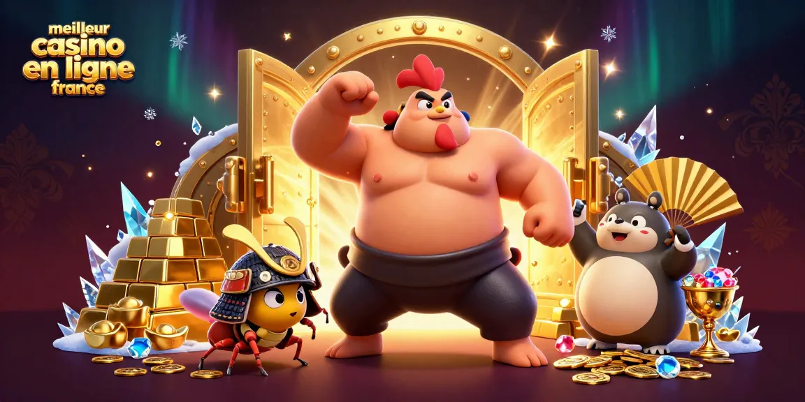 Illustrez le meilleur casino en ligne France avec un gros rooster sumo et un criquet samouraï.