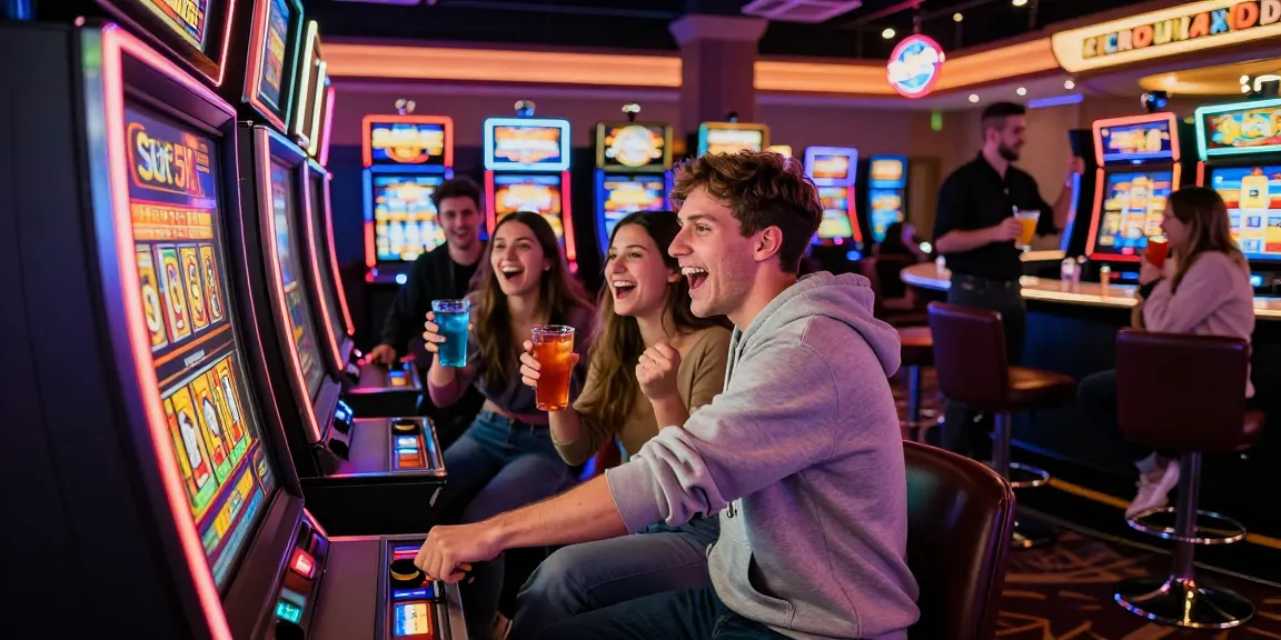 Slot 5K gaming excitement with friends cheering at a vibrant casino.