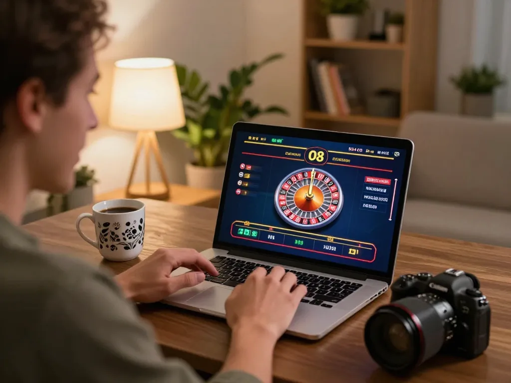 O8 casino player engaging with online roulette while enjoying a cozy home setup.