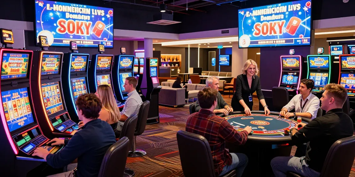 Casino non UK scene with players at vibrant slot machines and a blackjack table, showcasing excitement in a modern gaming environment.
