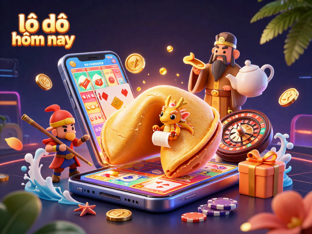Play lô đề hôm nay with vibrant 3D characters, casino elements, and a dynamic golden theme.