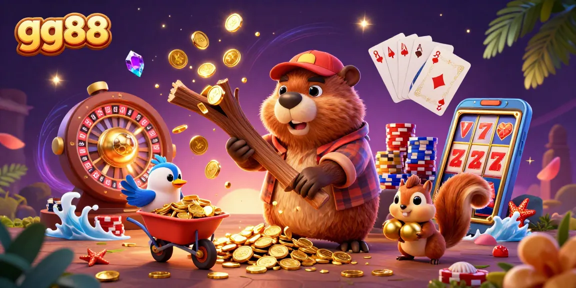 Experience the thrill of gg88 with golden coins cascading around cartoon characters in a vibrant casino setting.