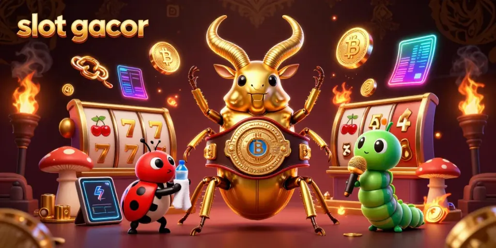 Engage in vibrant slot gacor gameplay with a battle of a golden stag beetle in a dynamic casino scene.