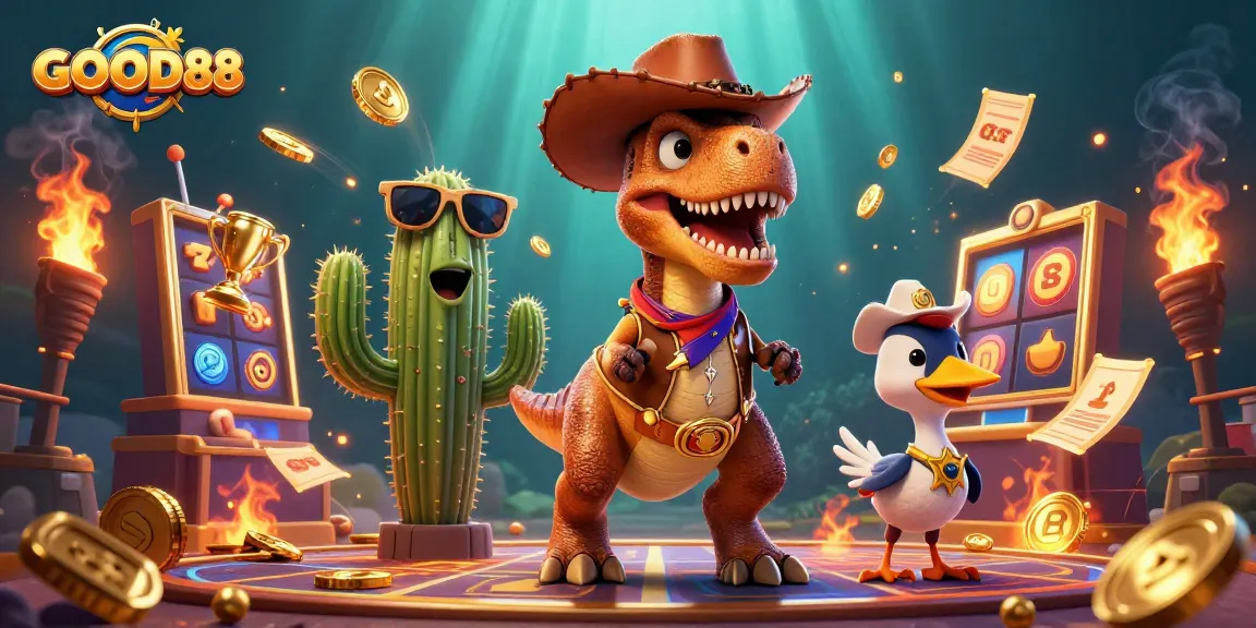 Engage with winnings at GOOD88 with a vibrant 3D casino digital illustration featuring dynamic slots and game symbols.